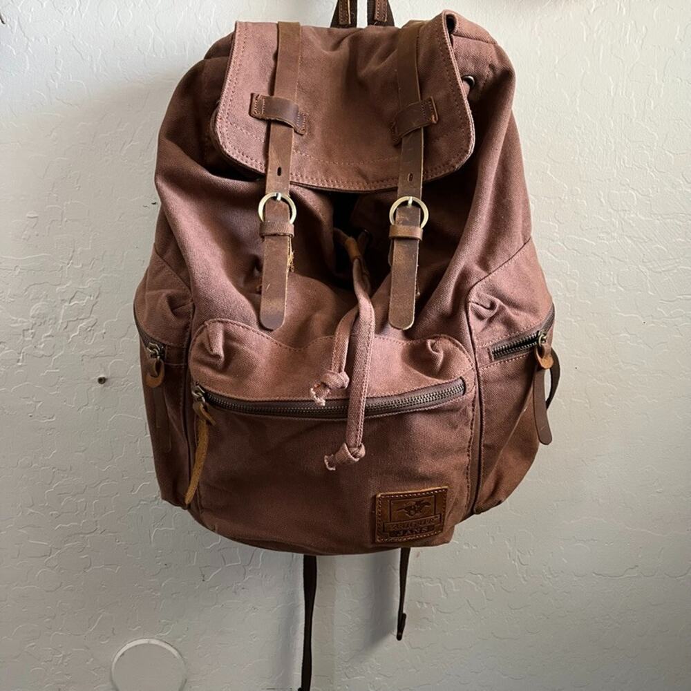 Augur Jans High Capacity Canvas Backpack Brown Leather Detail Rucksack